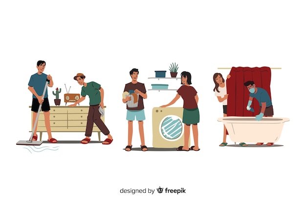 Free vector set of people cleaning their home