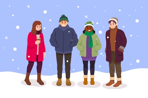 Set of people in cozy clothes in winter