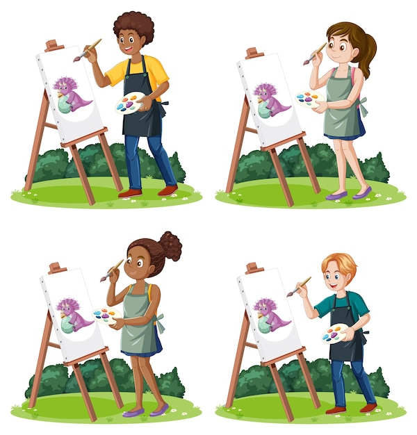Free vector set of people dinosaur painting at the garden