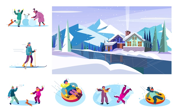 Free vector set of people enjoying winter