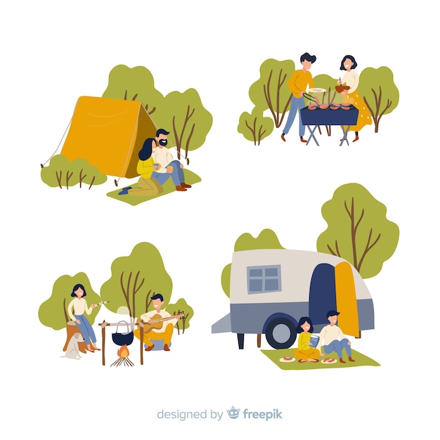 Free vector set of people going camping