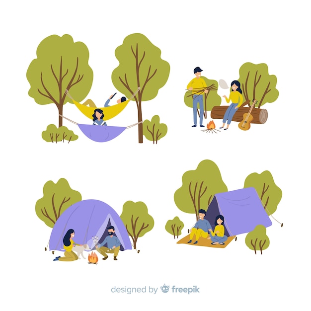 Free vector set of people going camping