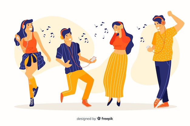 Set of people listening music and dancing illustrated