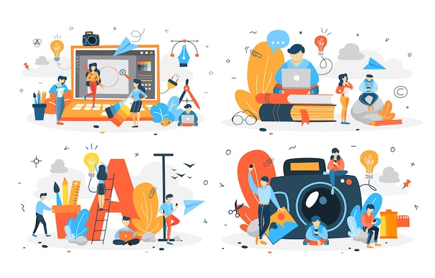 Set of people making different types of digital content. creative blogger. photography and text, video and illustration. vector flat illustration