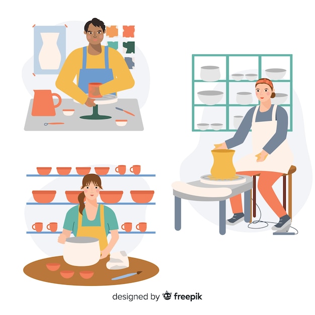 Free vector set of people making pottery flat design