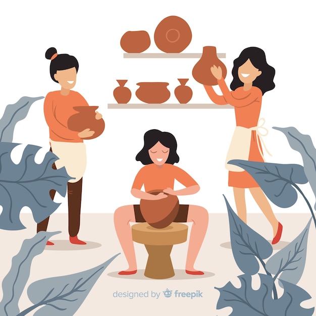 Free vector set of people making pottery