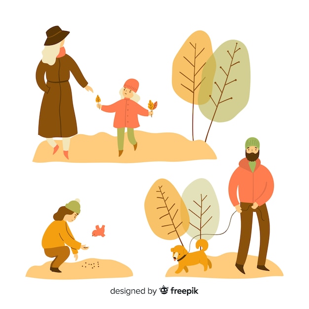 Free vector set of people in the park in autumn