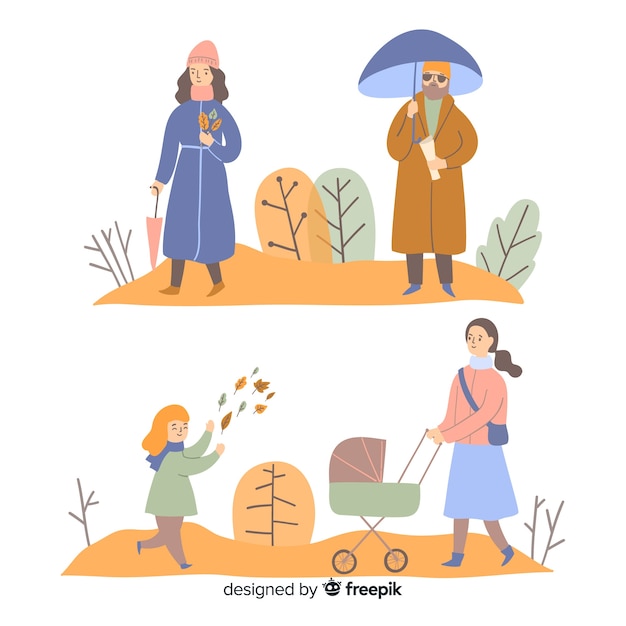 Free vector set of people in the park in autumn