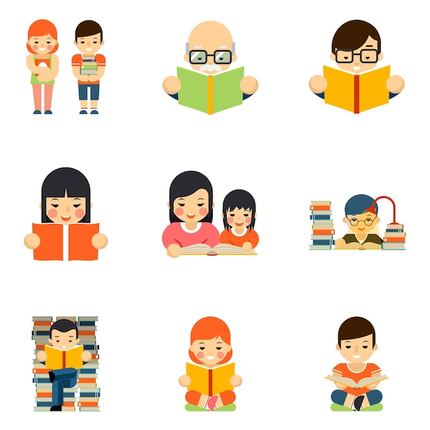 Free vector set of people reading book in flat style