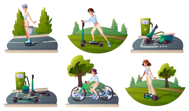 Free vector set people riding ecology transport and recharge