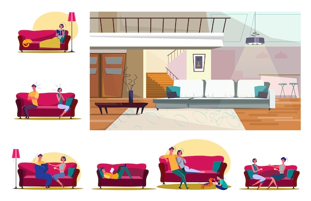 Set of people sitting on sofas in various positions