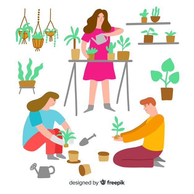 Set of people taking care of plants