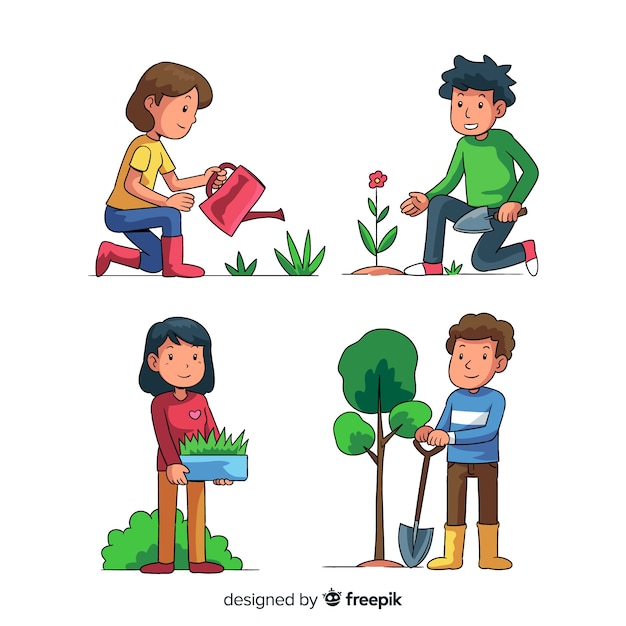 Set of people taking care of plants