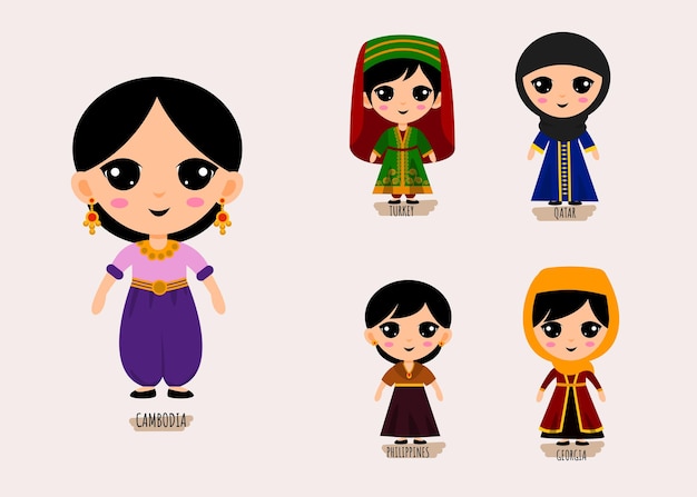 伝統的なアジアの服の漫画のキャラクター、美しい女性の民族衣装コレクションのコンセプト、孤立したフラットイラストの人々のセット