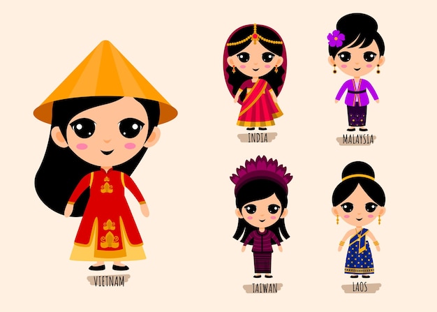 Vettore gratuito insieme di persone in personaggi dei cartoni animati di abbigliamento asiatico tradizionale, concetto di raccolta di costumi nazionali maschili e femminili, illustrazione piatta isolata