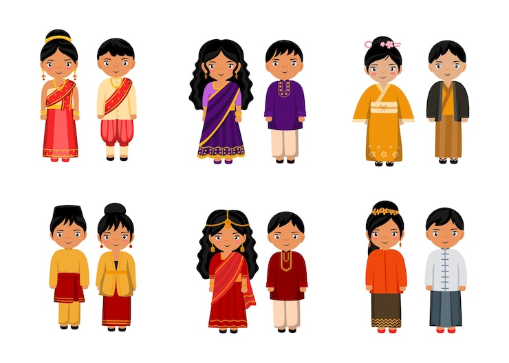 Free Vector set of people in traditional asian clothing cartoon characters , male and female national costumes collection concept, isolated flat   illustration