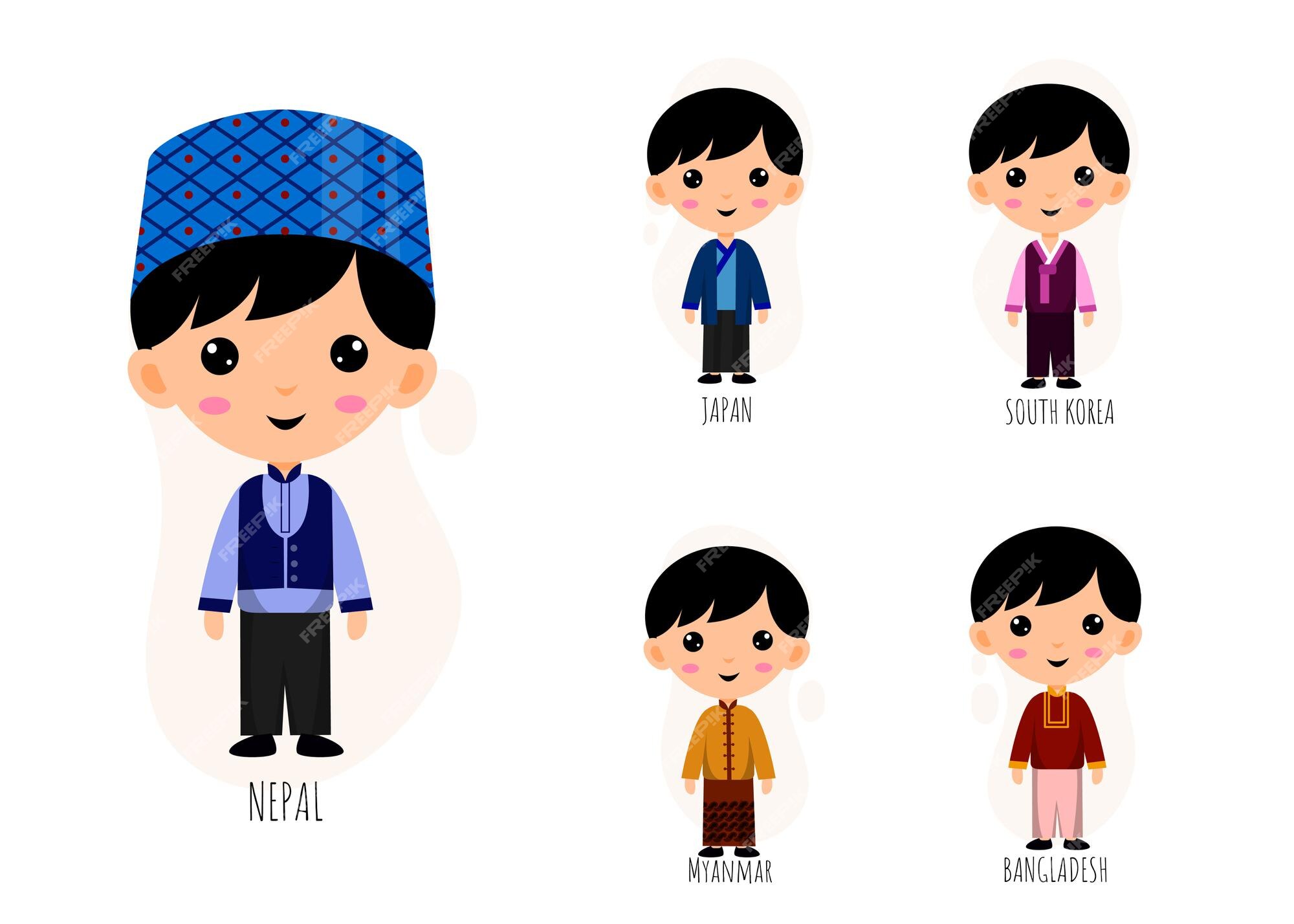 Free Vector | Set of people in traditional asian clothing cartoon  characters , male national costumes collection concept, isolated flat  illustration