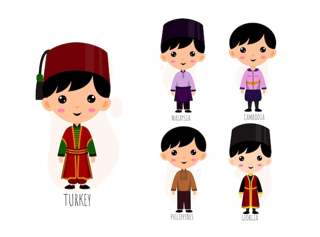 Set Of People In Traditional Asian Clothing cartoon characters , Male National Costumes Collection Concept, isolated flat   illustration