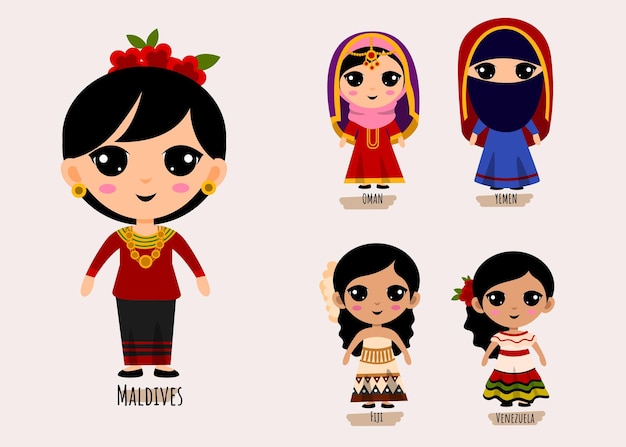 Set Of People In Traditional South America Clothing cartoon characters , Female National Costumes Collection Concept, isolated flat   illustration