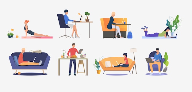 Free vector set of people using computers and having rest