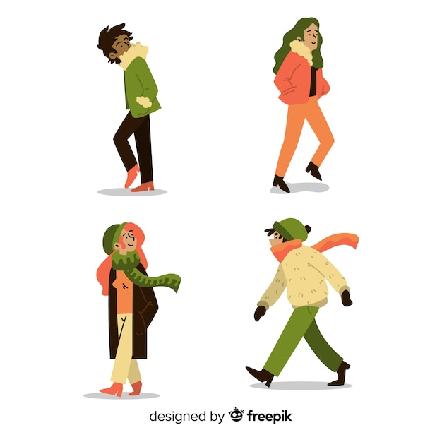 Free vector set of people walking in autumn