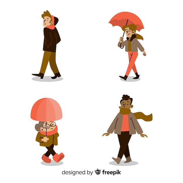 Free vector set of people walking in autumn