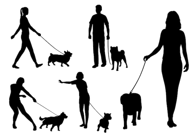 Set Of People Walking Their Dogs On Leashes Vector Silhouette Illustration Isolated On A White Back