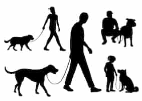 Free vector set of people walking their dogs on leashes vector silhouette illustration isolated on a white back