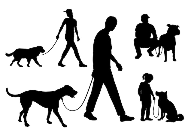 Set Of People Walking Their Dogs On Leashes Vector Silhouette Illustration Isolated On A White Back