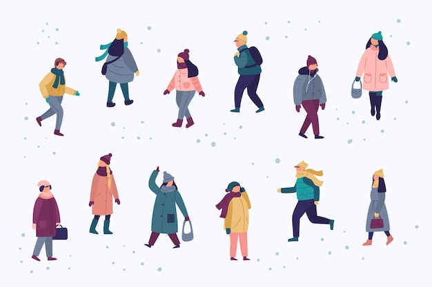 Free vector set of people wearing cozy clothes in winter