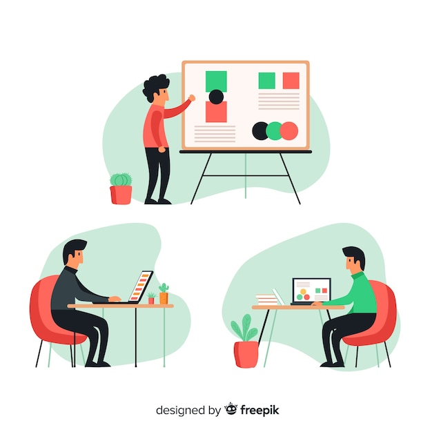Set of people working at their desks illustrated