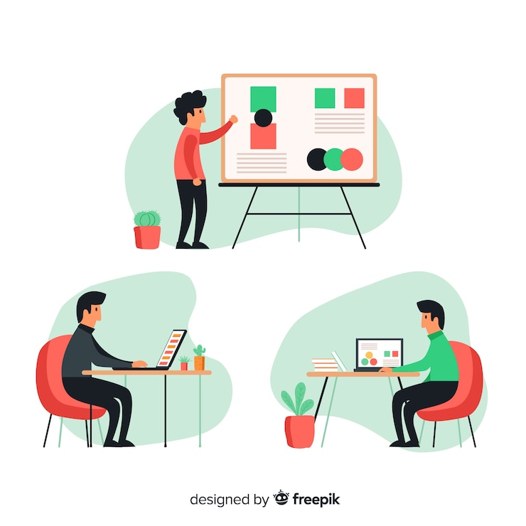 Free Vector set of people working at their desks illustrated