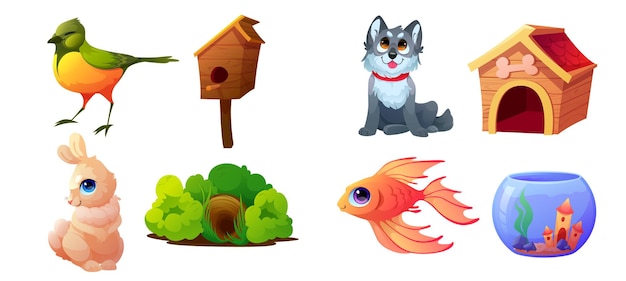 Free vector set pets, domestic animals and their homes, vector