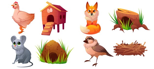 Set of pets, domestic or wild animals and their homes. Cute characters chicken and coop, fox and stump, mouse and burrow, sparrow and nest isolated on white background, Cartoon vector illustration