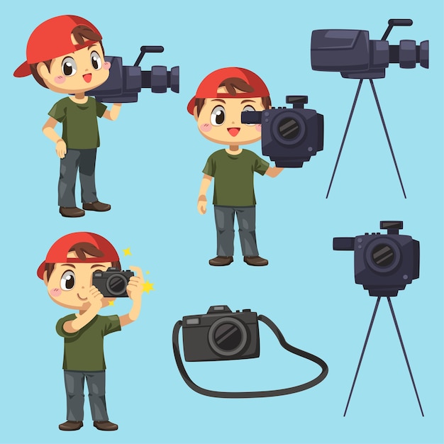 Set of photographer and videographer man reporting the news in cartoon character, difference action isolated flat illustration
