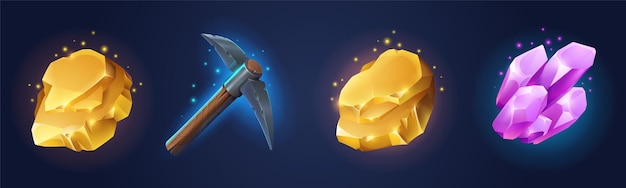 Set of pickaxe gold and minerals on background