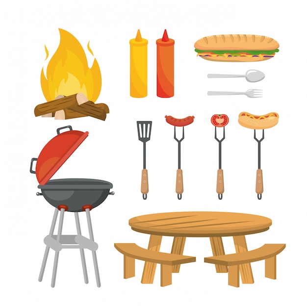 Free vector set of picnic relaxation with food and grilled snack