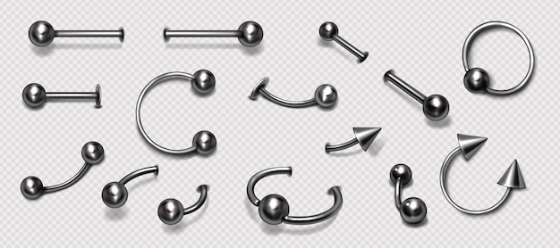 Set of piercing jewelry metal pierce rings barbell with balls and cones isolated