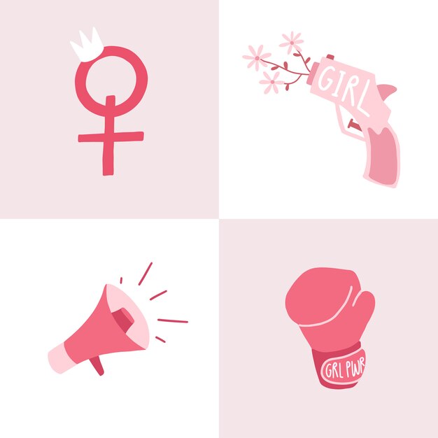 Set of pink feminist badge vectors