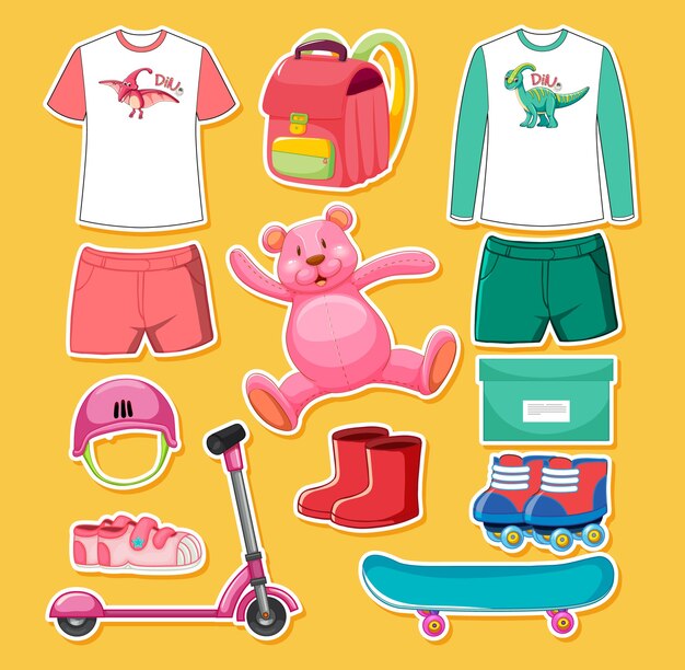 Set of pink and green color toys and clothes isolated