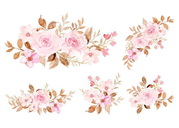Установите цветочную композицию из розовых роз для свадебной открытки с акварелью