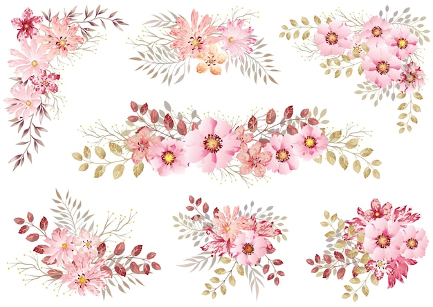 Free vector set of pink watercolor floral elements isolated on a white