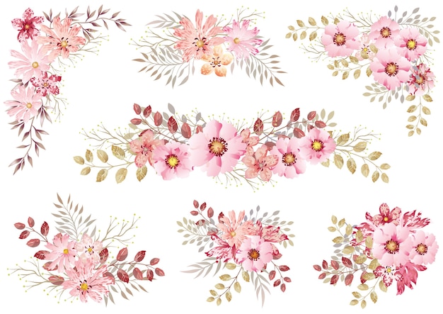 흰색에 고립 된 핑크 수채화 꽃 요소의 집합