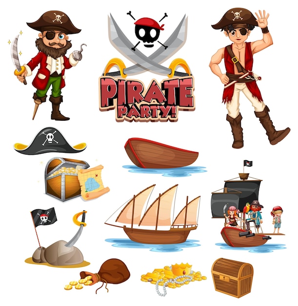 Vettore gratuito set di personaggi e oggetti dei cartoni animati dei pirati