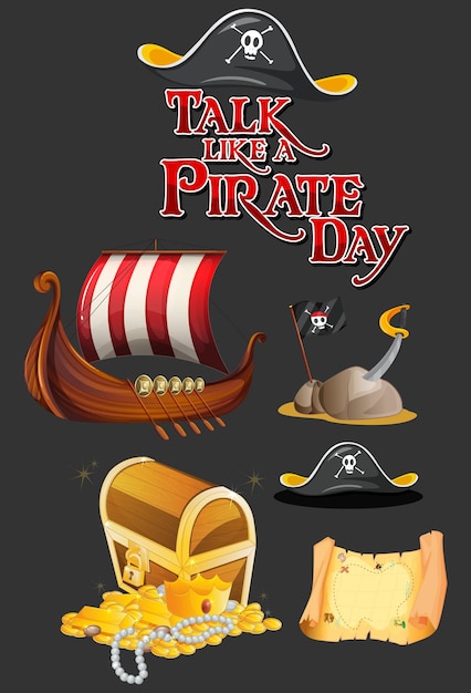 Vettore gratuito set di personaggi e oggetti dei cartoni animati dei pirati