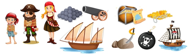 Free vector set of pirate cartoon characters and objects