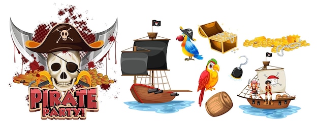 Free vector set of pirate cartoon characters and objects