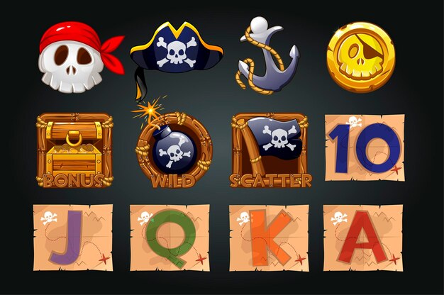 Set of pirate icons for slot machines. Coins, treasures, skull, pirate symbols.