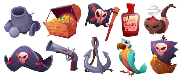 Набор пиратских элементов мультфильм иконки векторные иллюстрации