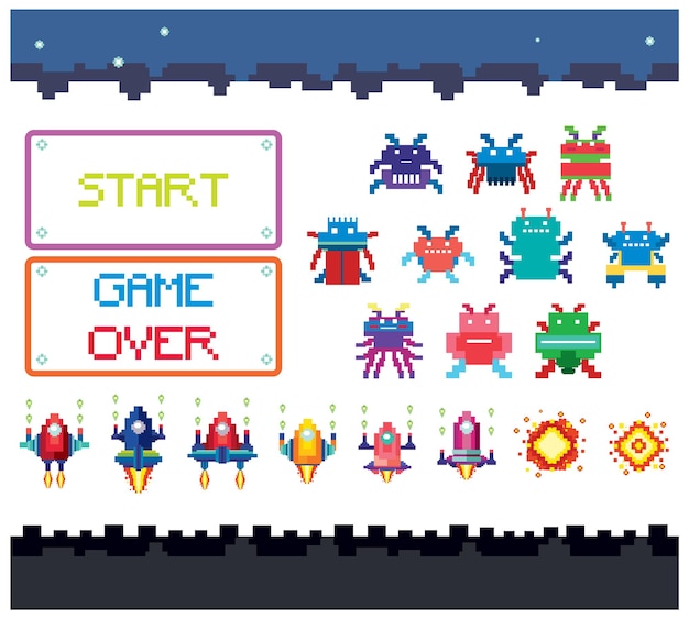 Free vector set of pixel game monster characters